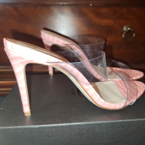 SCHUTZ PINK REPTILE LEATHER & LUCITE DOUBLE STRAP SLIDE SANDALS 10 NEW - Picture 11 of 12